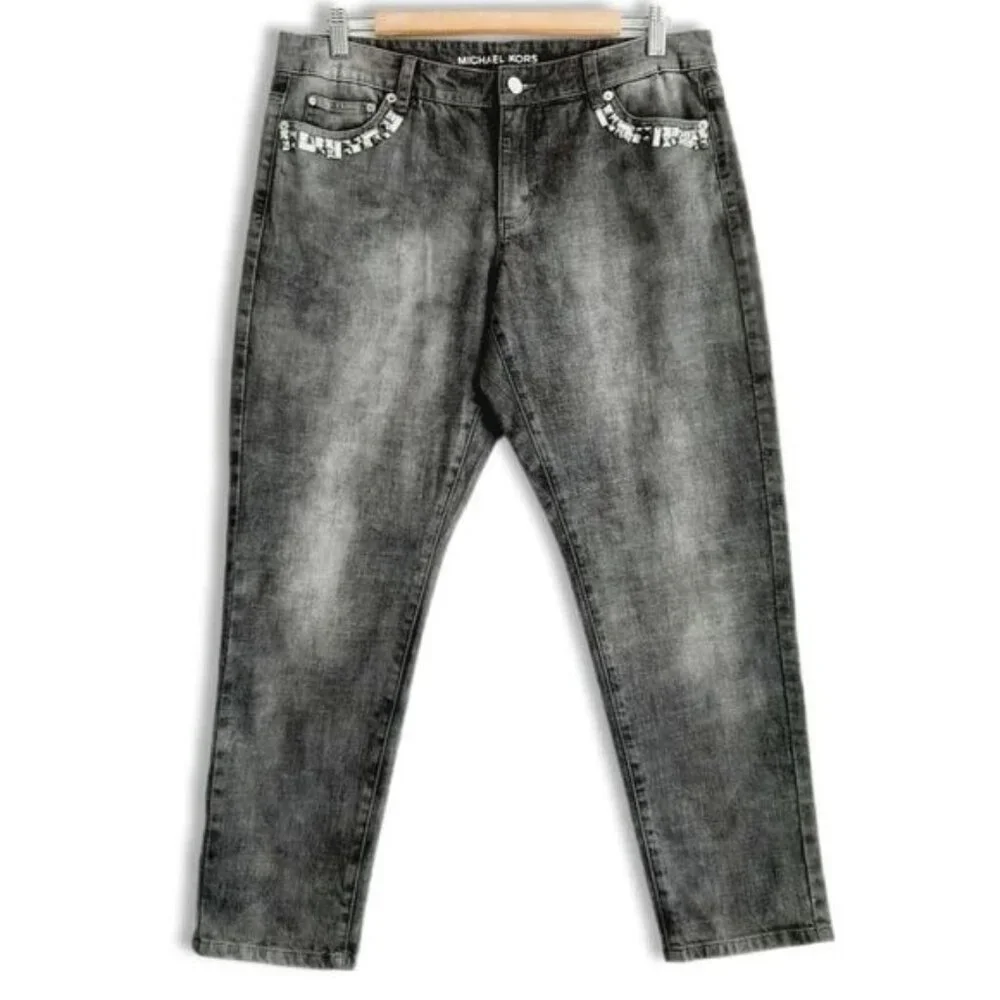 MICHAEL KORS / Jewelled Gem Pocket Cropped Skinny Jeans Grey Sz 10 - Picture 2 of 11